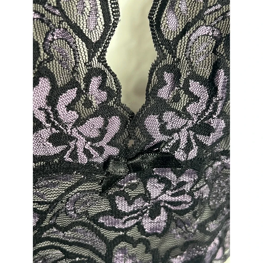 NWT Fredericks of Hollywood Halter Neck Lace Bodysuit XL Black Purple Lingerie
